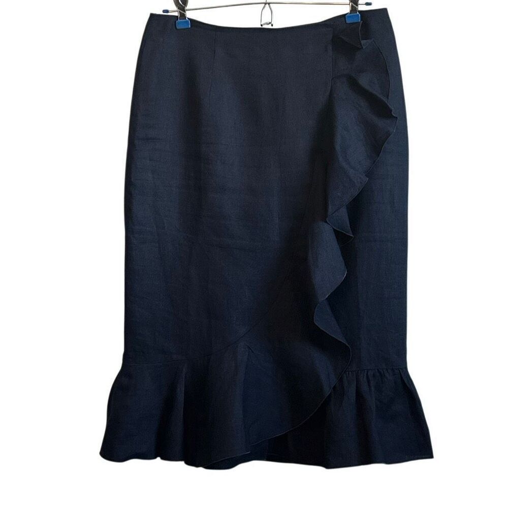Boden Pencil Navy Side Ruffle Linen Lined Skirt 6